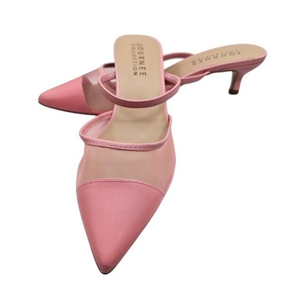 Journee Collection Allana Pink Mesh Pointed‎ Toe Kitten Heel Mules Womens Sz 8.5